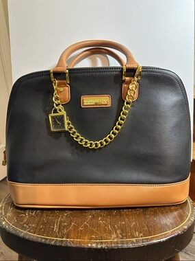New-Joy & Iman Black and Tan Dome Satchel with Gold Chain Accent